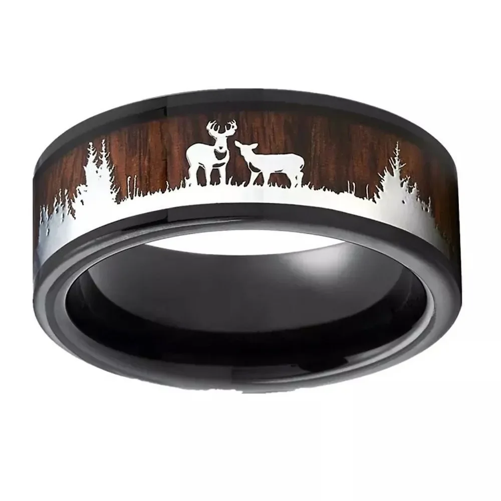 ❤️032❤️‎ 8mm Antler Tungsten Ring Elks in Forest Silver Mens Wedding Band